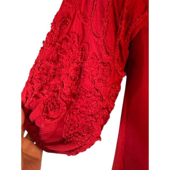 Max Studio Red Scoop Neck 3/4 Long Textured Sleeves Blouse Women Sz S - Picture 9 of 9